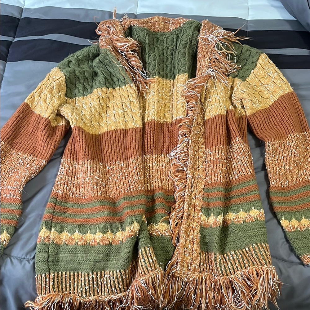 Cider Green and Yellow Knit Cardigan with Fringe